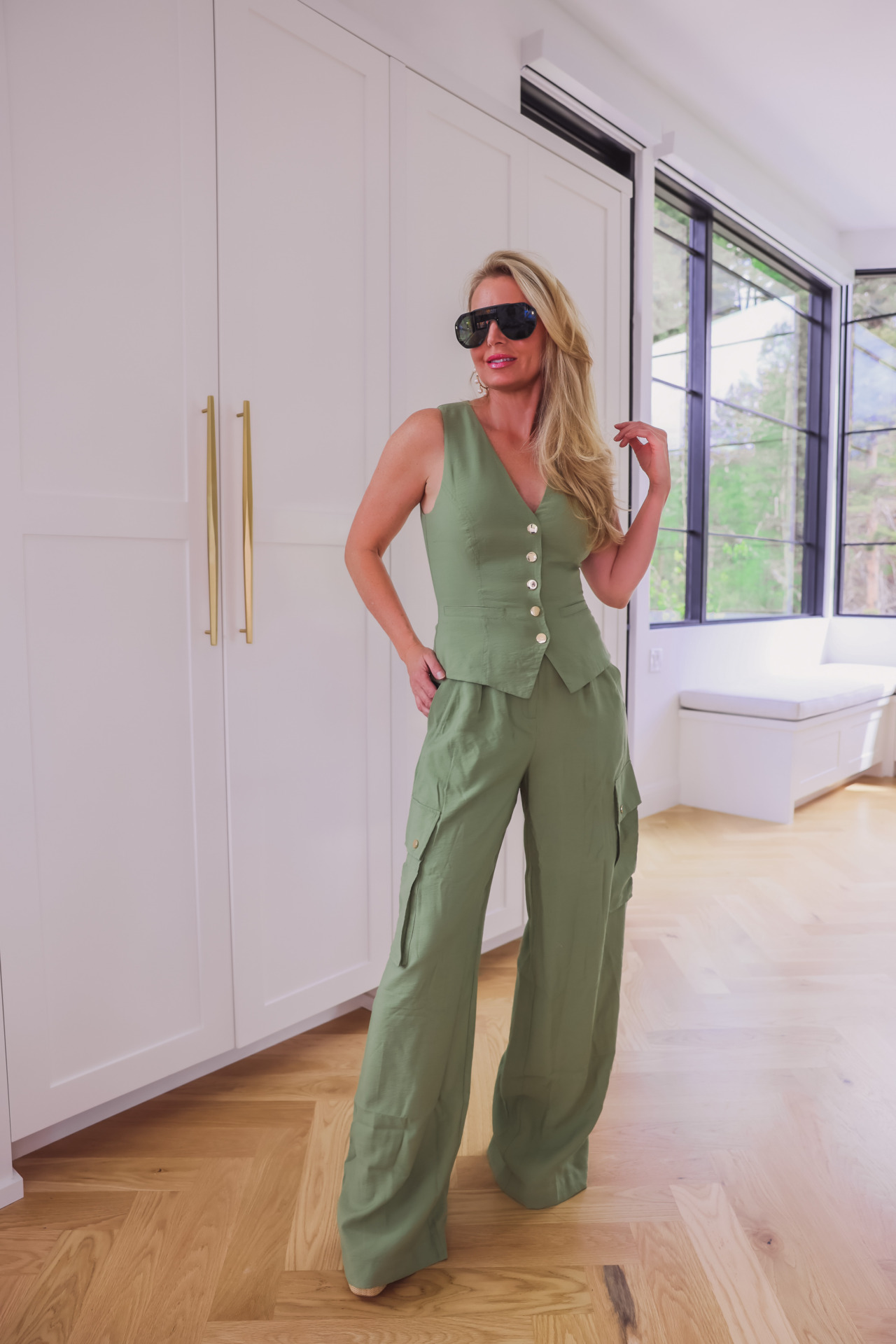 Mom outfits for every occasion-summer mom outfits, chic mom outfits, comfortable mom outfits for summer, erin Busbee, Busbee style, fashion over 40, Ramy Brook Cosette V-neck vest, Ramy Brook Emil Wide Leg Cargo Pants