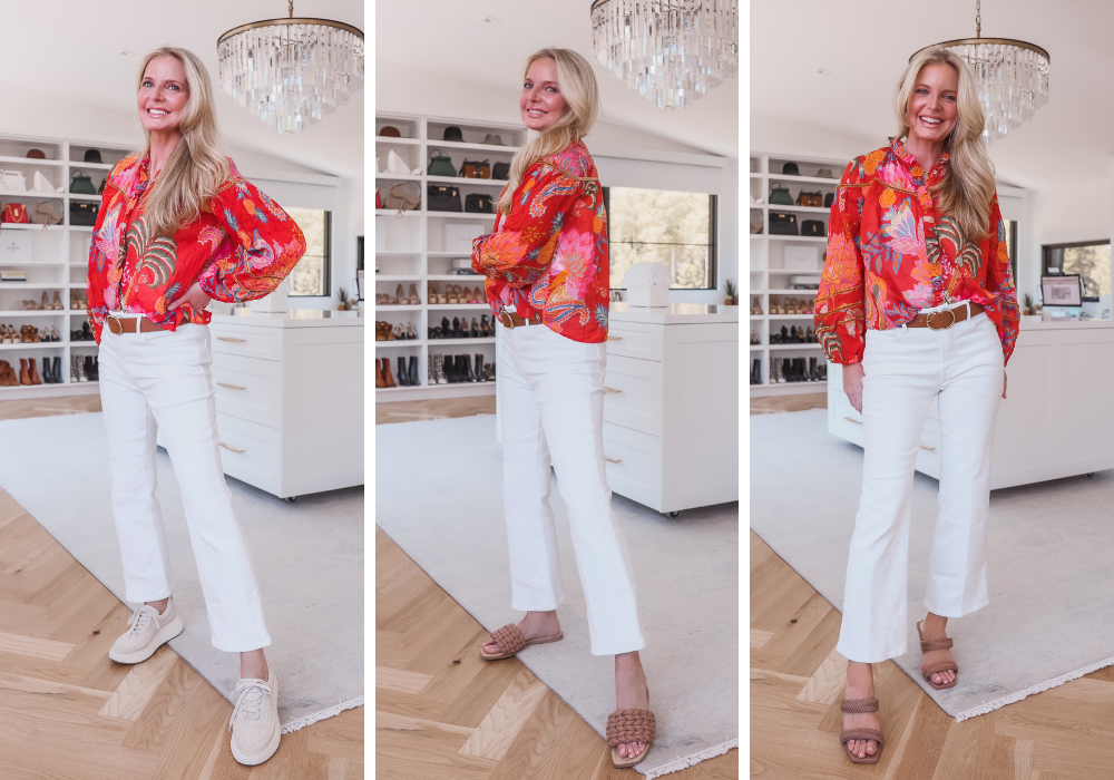 Printed Blouse & White Jeans