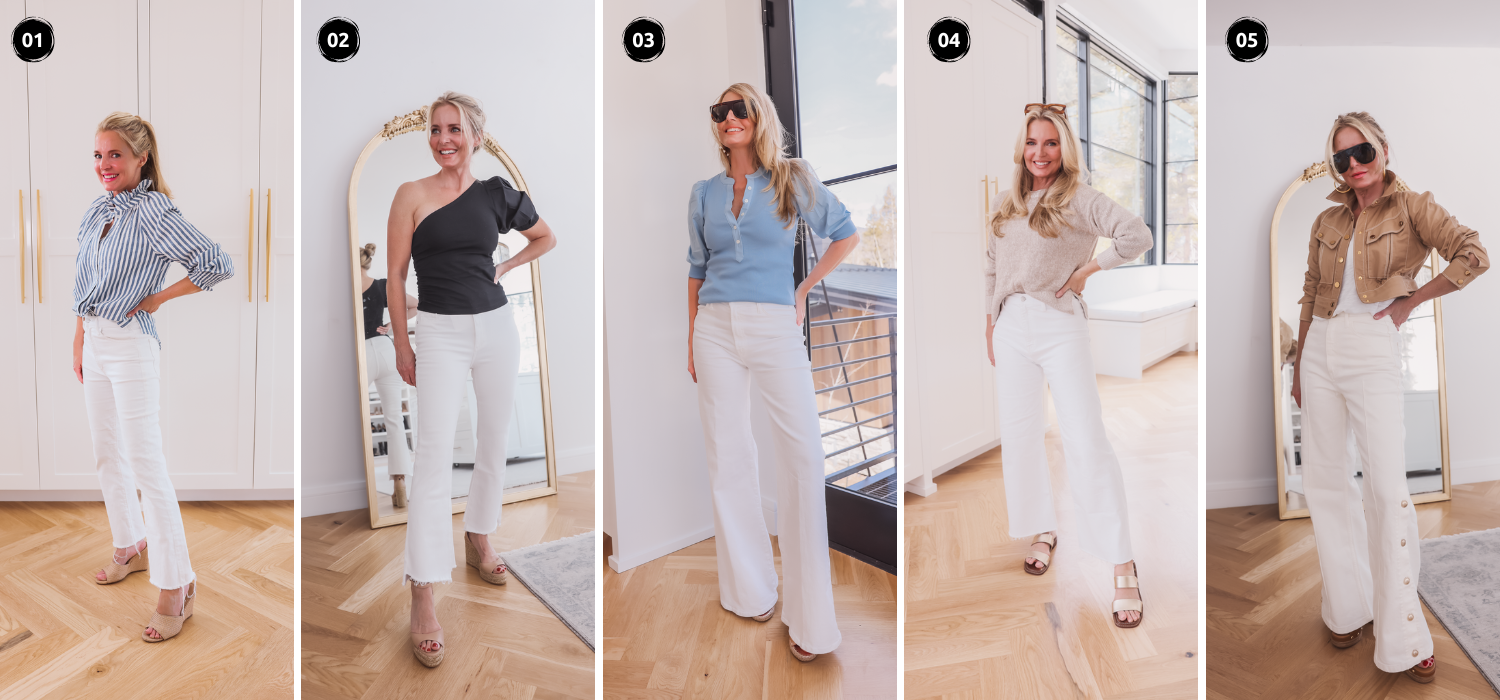 What to wear with white jeans, how to wear white jeans, best white jeans for women, white jeans that aren’t see-through, style white jeans, white jeans for summer, how to transition white jeans to fall, tips for wearing white jeans, Erin Busbee, Busbee Style, fashion over 40, Telluride, CO