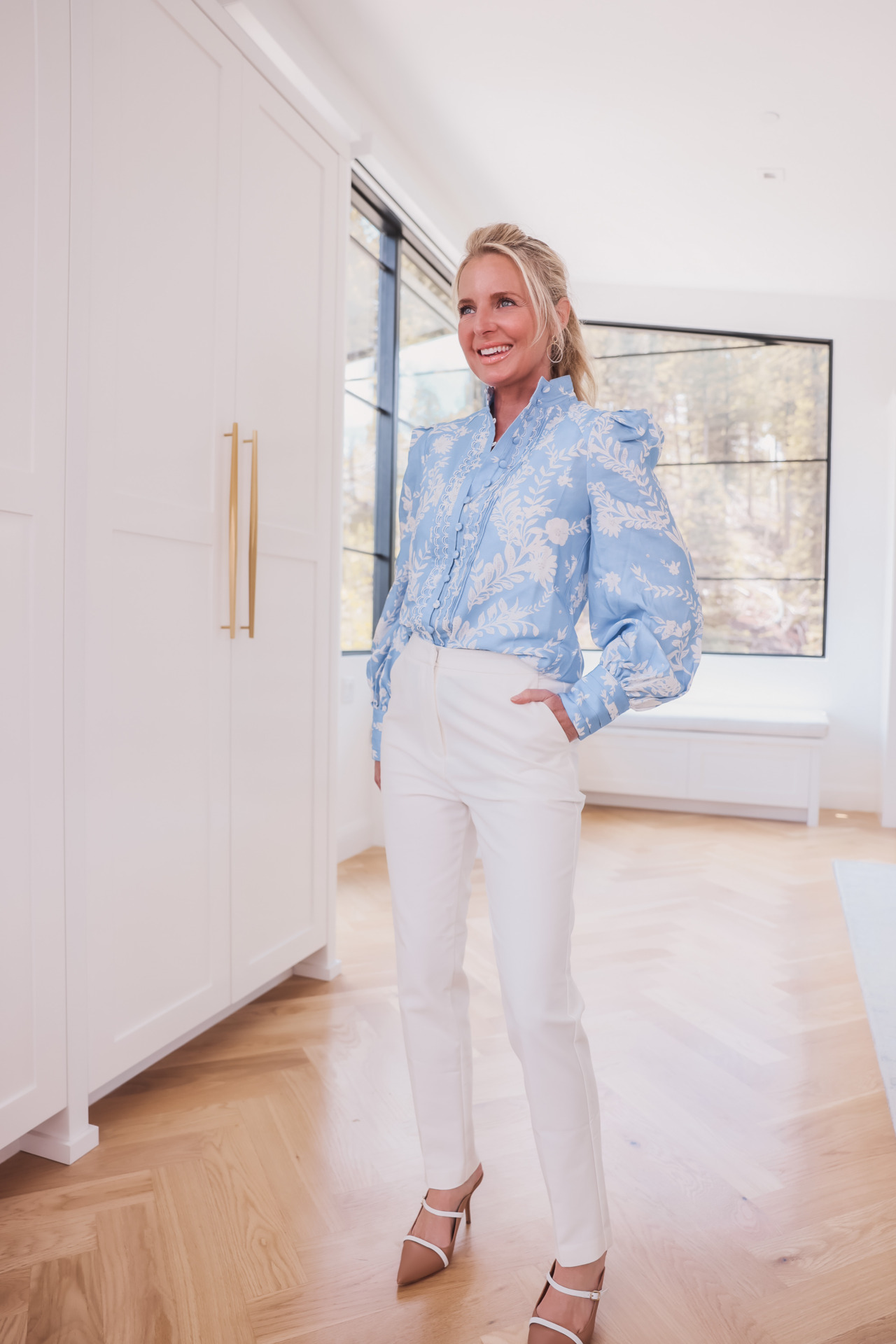 Powder Blue Top with white jeans
