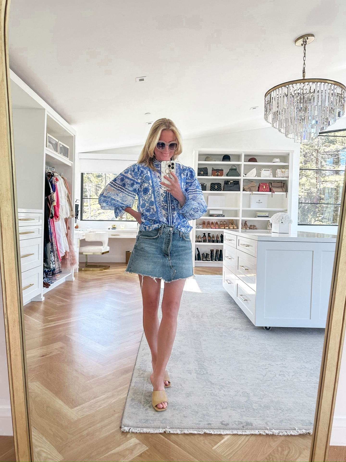 comfortable summer outfits, simple summer outfits, what to wear summer, summer outfits women, casual summer outfit ideas, trendy summer outfit ideas, summer outfit ideas 2023, summer outfits 2023, erin busbee, busbee style, fashion over 40, blue and whtie printed alice + olivia blouse, agolde denim skirt, vince heel mules