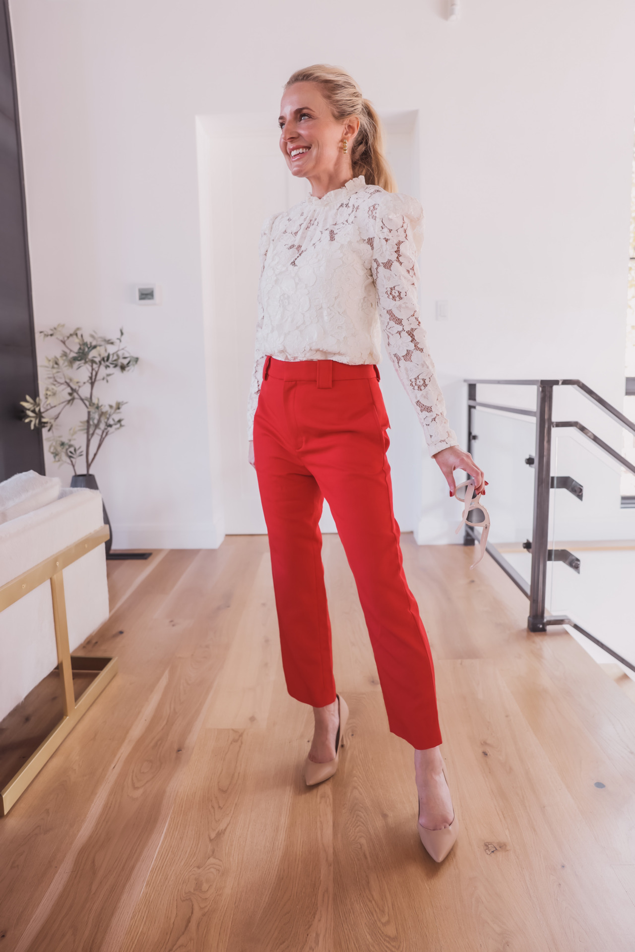 Lace Blouse & Red Pants