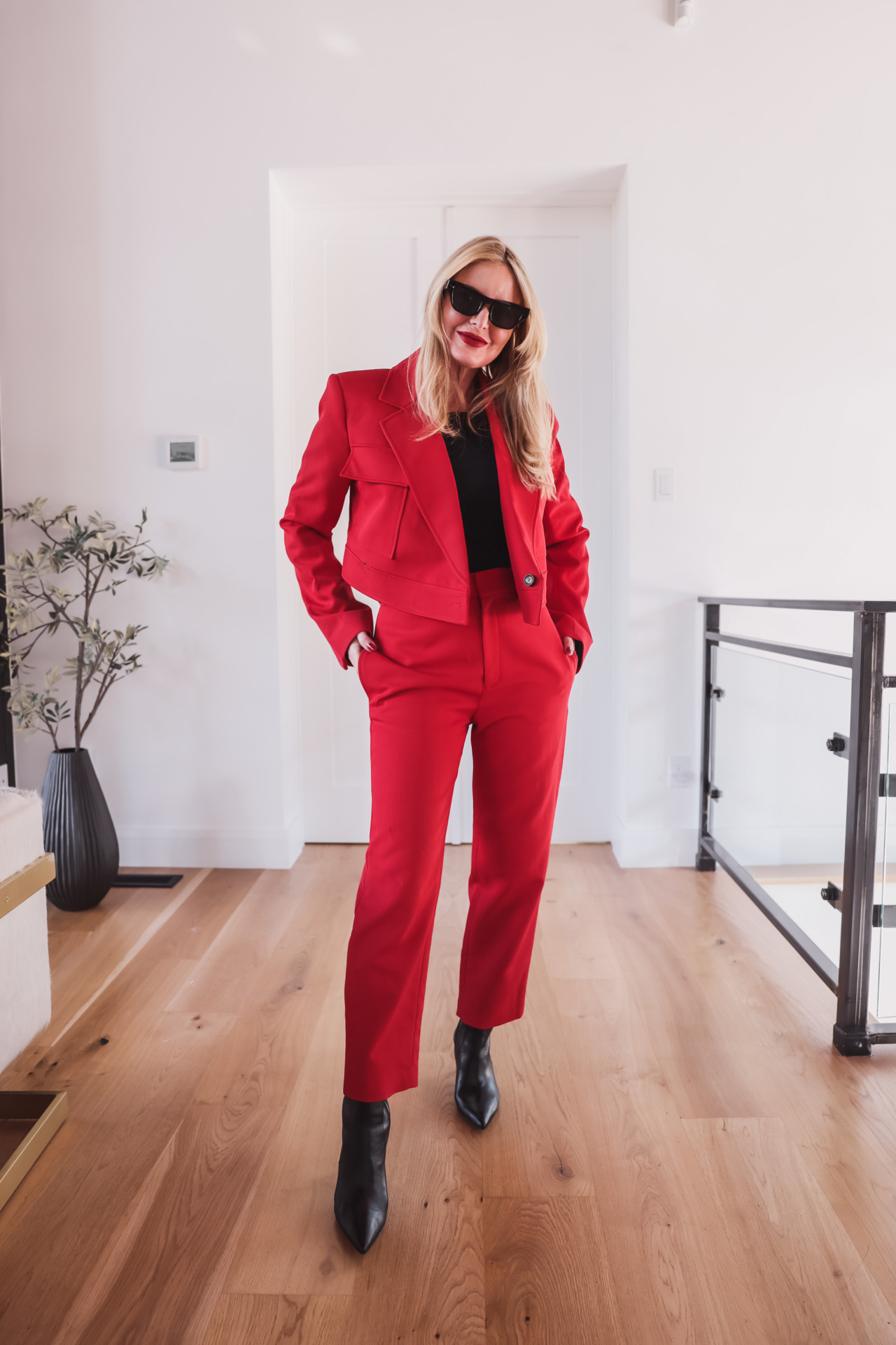 red matching suit