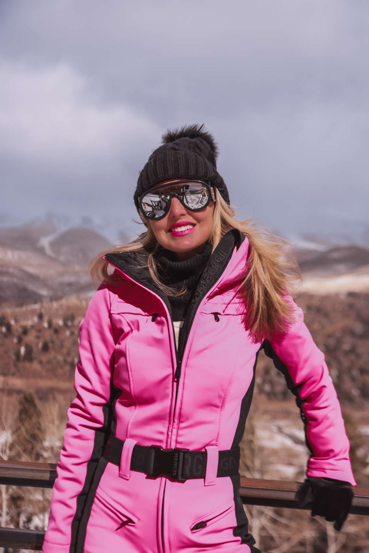 pink and black ski outfit
