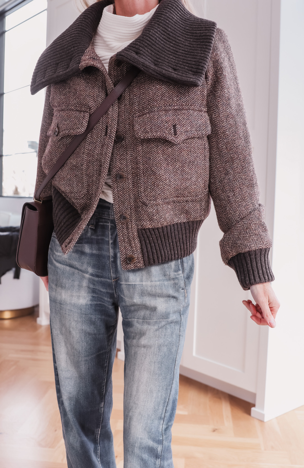 Tweed Bomber Jacket with jeans