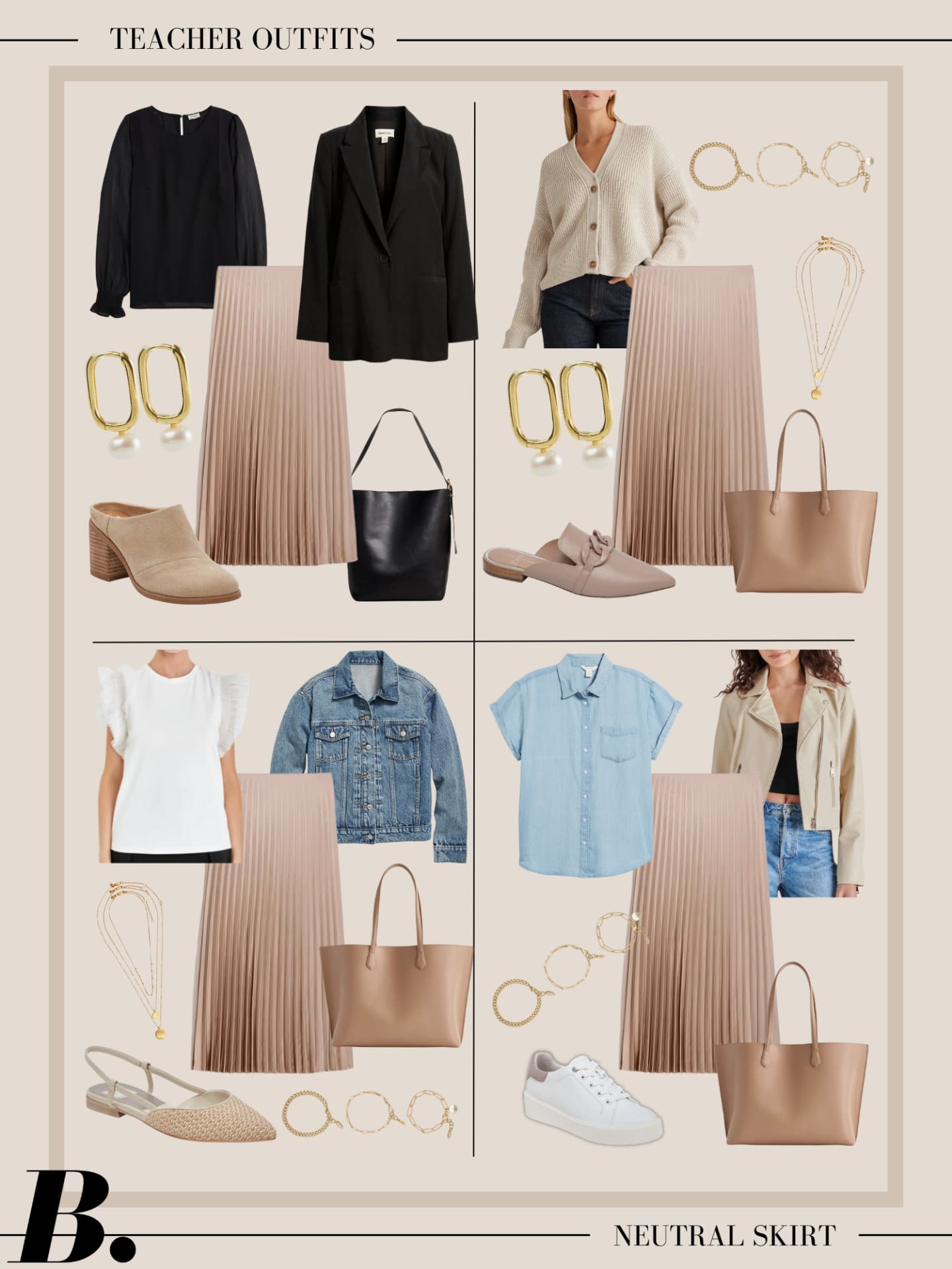 Neutral Midi Skirt outfit ideas