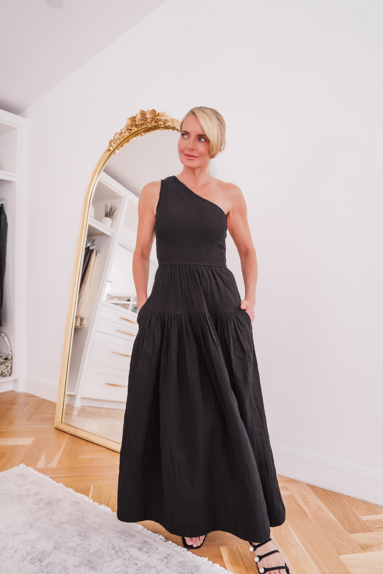 Mother's Day Outfit Ideas: woman wearing: Me+Em One-Shoulder Maxi Dress