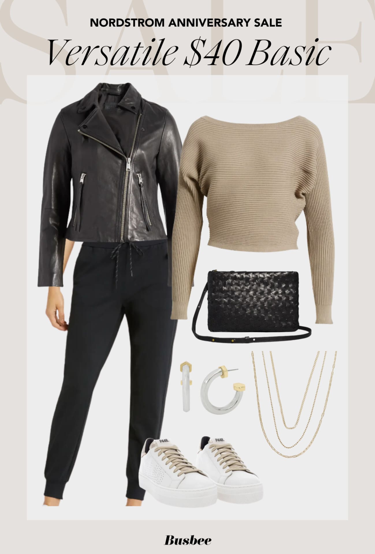 Zella joggers sweater and leather jacket outfit