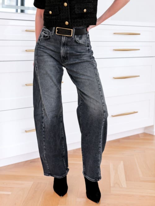 Jean trends 2025 featuring barrel leg jeans by Mother in a gray wash